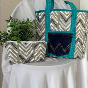Up-Cycled Denim & Chevron Patterned Tote with Pouch Set